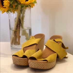 Anthropologie Block Wood Suede Platform Heels